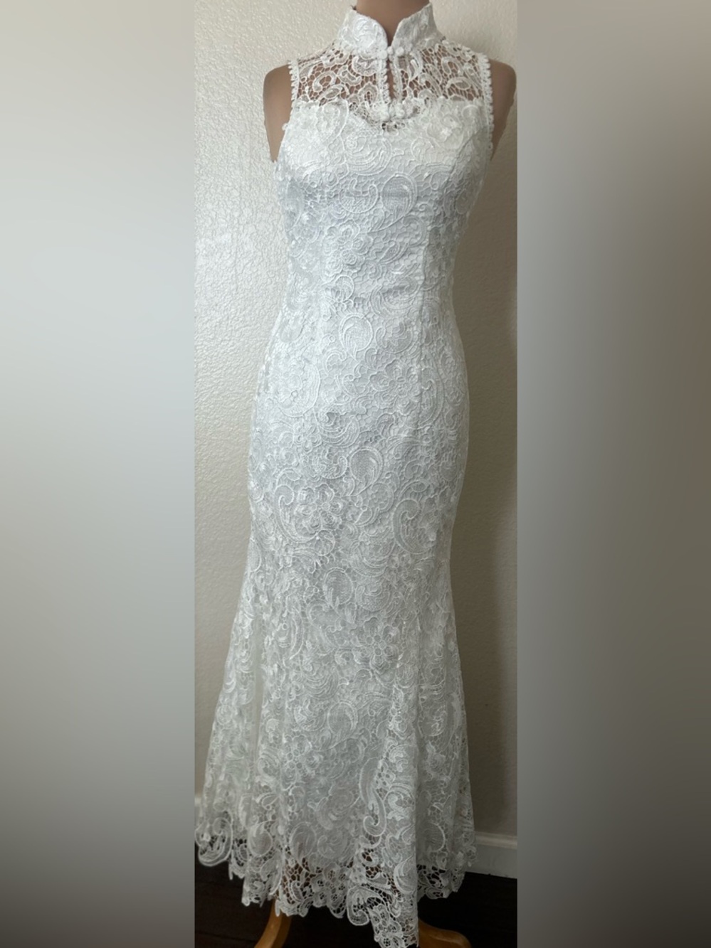 Sleeveless High-Neck White Lace Wedding Gown